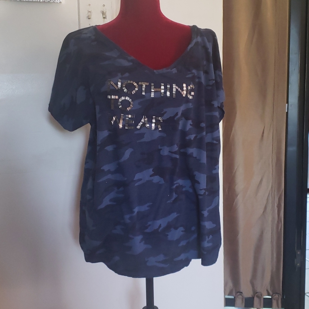 Blue camouflage tshirt w/ beaded slogan